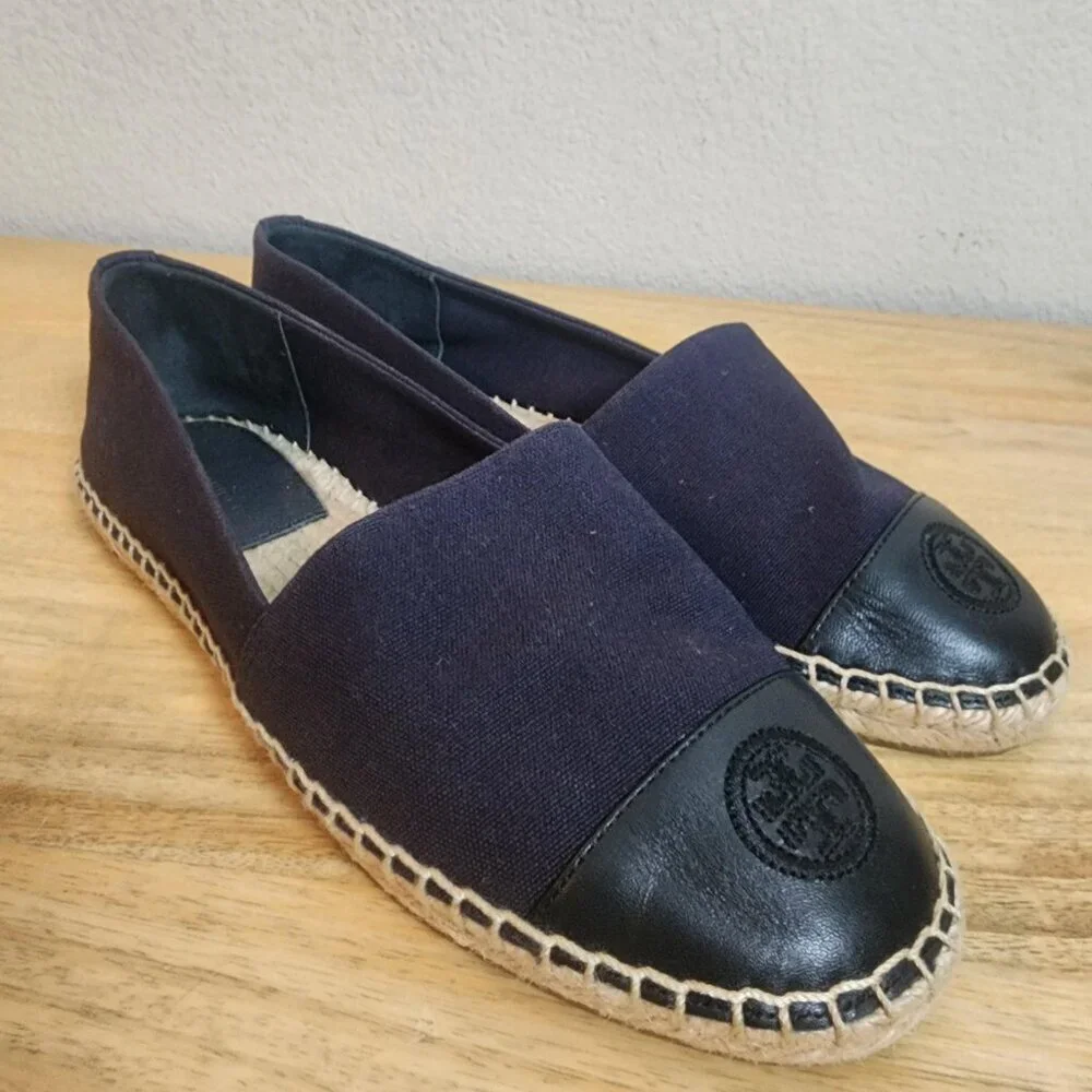 Tory Burch Shoes Womens Size 8 Navy Black Espadrille Flats Leather Cap Toe Logo